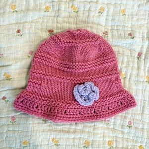 Pink Knitted Hat with Flower Accent
